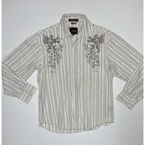 Roar Shirt Men Large Long Sleeve Button Up White Striped Distressed Hems Western